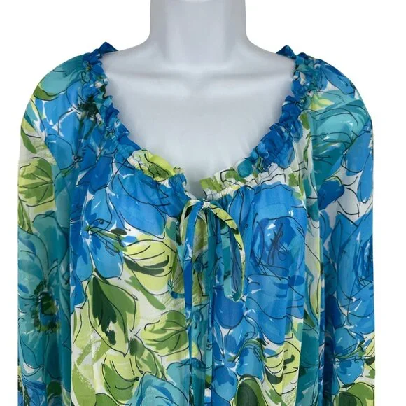 Susan Graver Floral Chiffon Long-Sleeve Ruffle Details Tie Neck Blouse Size XL - Picture 2 of 11